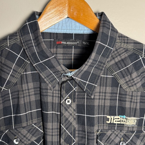 Projek RAW Men's Plaid Short‎ Sleeve Button Up Casual Dress Shirt Gray/Black XL - Picture 6 of 16